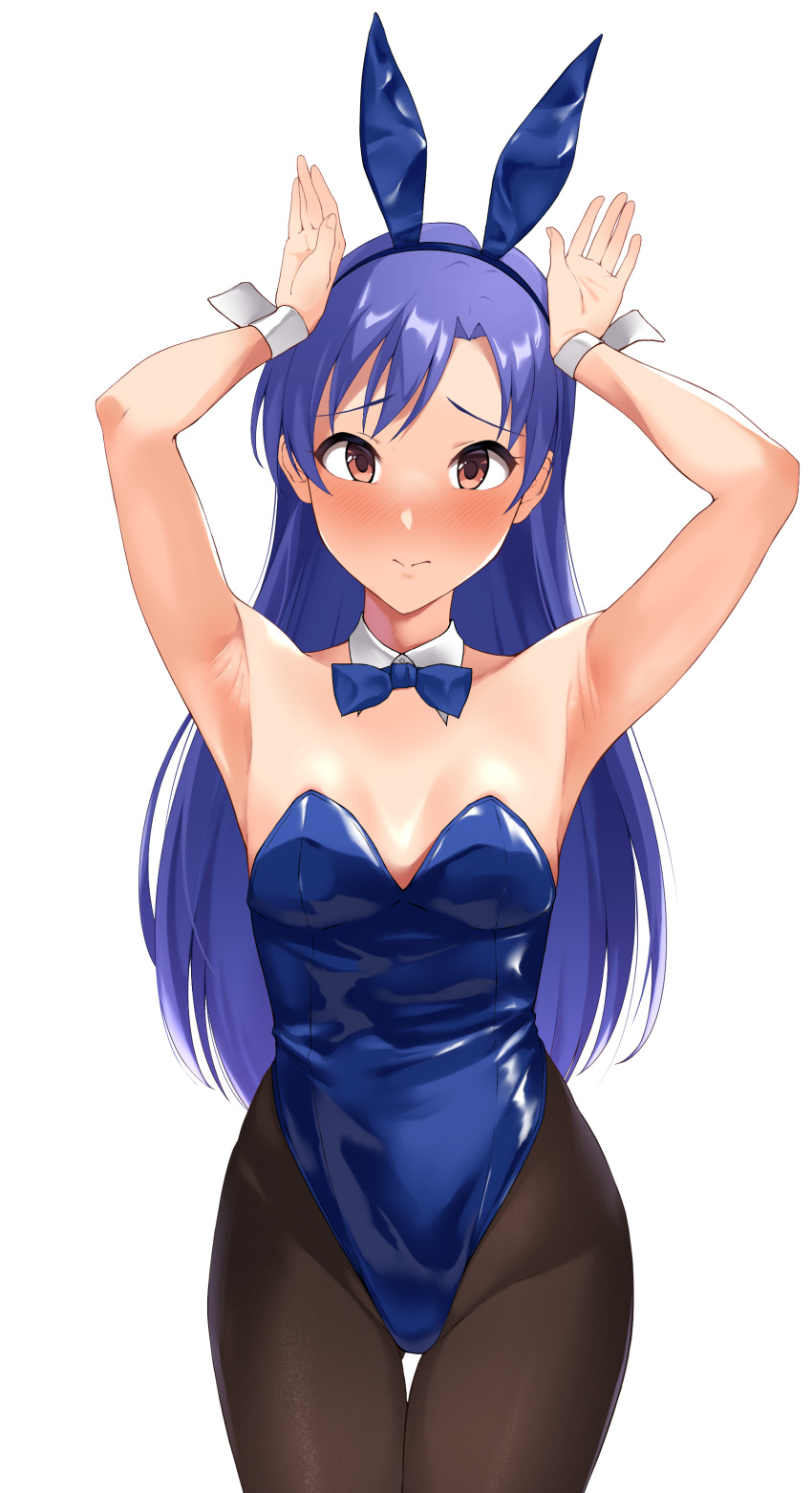 1girl absurdres animal_ears black_pantyhose blue_bow blue_bowtie blue_hair blue_leotard bow bowtie brown_eyes cowboy_shot detached_collar flat_chest highres idolmaster idolmaster_(classic) kisaragi_chihaya leotard long_hair looking_at_viewer nishi_(count2.4) pantyhose playboy_bunny rabbit_ears rabbit_pose simple_background solo strapless strapless_leotard thigh_gap white_background wrist_cuffs