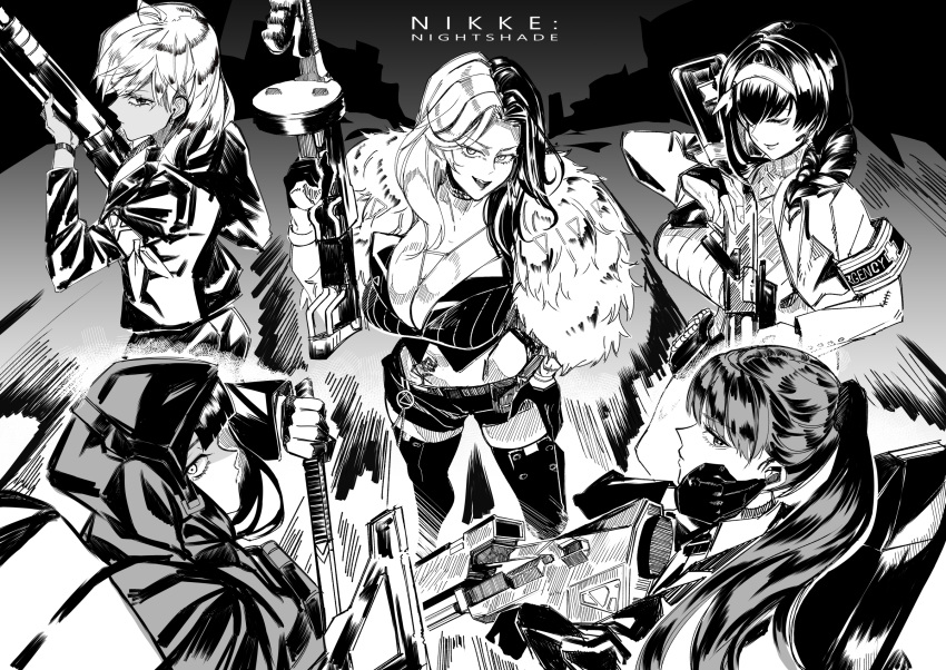 5girls axe belt_pouch black_gloves boots bracelet breasts choker cleavage coat collarbone crop_top d_(nikke) dolla_(nikke) fur_coat gloves goddess_of_victory:_nikke gun half_gloves hand_on_own_hip highres holding holding_axe holding_weapon jacket jewelry looking_at_viewer mary_(nikke) midriff multicolored_hair multiple_girls nagasaki_ken_(stellar_wind) necklace parted_hair parted_lips pouch rifle rosanna_(nikke) shirt short_shorts shorts shotgun smile sniper_rifle split-color_hair standing stomach_tattoo striped striped_shirt sugar_(nikke) sweater tattoo thigh_boots vertical-striped_shirt vertical_stripes weapon
