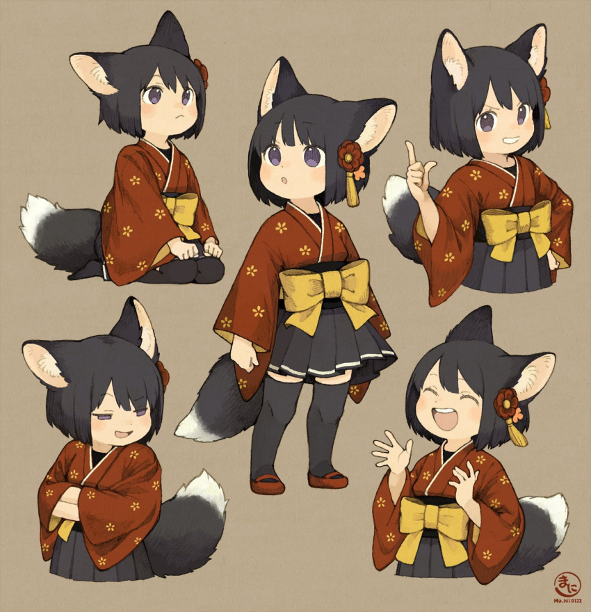 1girl animal_ear_fluff animal_ears black_hair black_skirt black_thighhighs blue_eyes blush bow brown_footwear closed_mouth commentary_request flower fox_girl full_body gradient_tail hair_between_eyes hair_flower hair_ornament half-closed_eyes highres index_finger_raised japanese_clothes kimono long_sleeves looking_at_viewer looking_to_the_side maniani multiple_views obi open_mouth original red_flower red_footwear red_kimono sash skirt solo standing tail thighhighs upper_body wide_sleeves yellow_bow