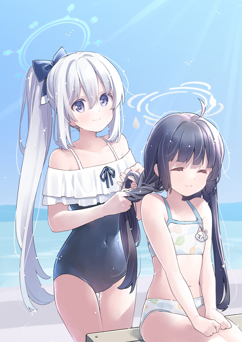 2girls adjusting_another's_hair bare_arms bare_legs bare_shoulders bikini black_hair blue_archive blue_halo blue_sweater blush closed_eyes closed_mouth covered_navel frilled_one-piece_swimsuit frills grey_hair hair_between_eyes halo highres long_hair miyako_(blue_archive) miyako_(swimsuit)_(blue_archive) miyu_(blue_archive) miyu_(swimsuit)_(blue_archive) multiple_girls official_alternate_costume one-piece_swimsuit ponytail purple_eyes smile sweater swimsuit uchino_maiko white_bikini