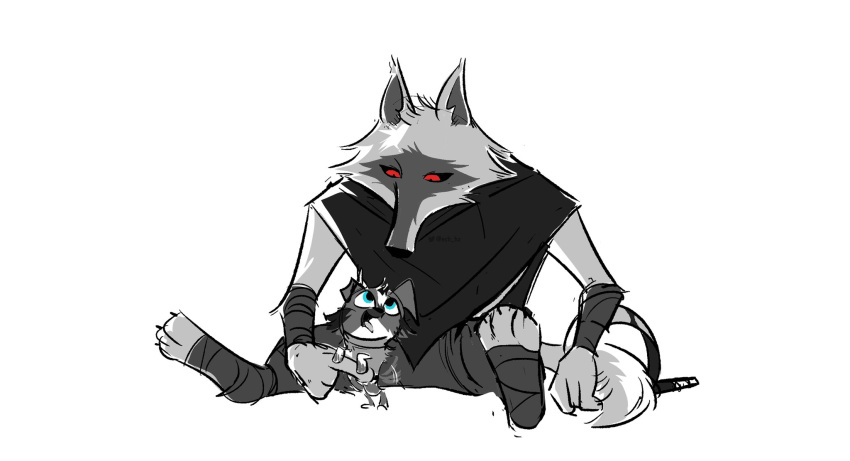 anthro arm_strap arm_wrapping arm_wraps armband barefoot black_pupils black_sclera blue_eyes bottomwear canid canine canis chihuahua claws cloak clothed clothing death_(puss_in_boots) domestic_dog dreamworks duo ech_hz eye_contact facial_markings feet feral floppy_ears fluffy fluffy_tail foot_wraps footband fur grey_body grey_fur happy head_markings hi_res legband legwrap long_tail looking_at_another looking_at_partner looking_down looking_up male mammal markings mask_(marking) mostly_clothed no_shoes pants perrito_(puss_in_boots) poncho prick_ears pupils puss_in_boots_(film) puss_in_boots_the_last_wish red_eyes sickle simple_background sitting size_difference smile standing sweater tail tail_motion tailwag topwear toy_dog white_background white_body white_fur wolf wrap wrapped_arms wraps