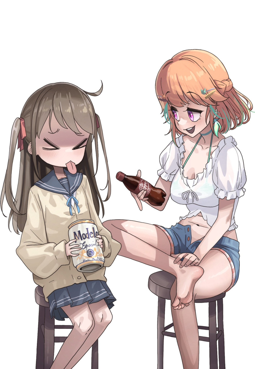 &gt;_&lt; 2girls ahoge bar_stool barefoot beer_can blouse bow breasts can cardigan cleavage dr_pepper earrings feather_earrings feathers feet gradient_hair green_hair highres holding hololive hololive_english indie_virtual_youtuber jewelry legs long_hair multicolored_hair multiple_girls navel neuro-sama open_fly open_mouth orange_hair purple_eyes sailor_collar school_uniform serafuku shaded_face shirt short_shorts shorts simple_background skirt soles stool takanashi_kiara two_side_up virtual_youtuber zedd_(zedgawr)
