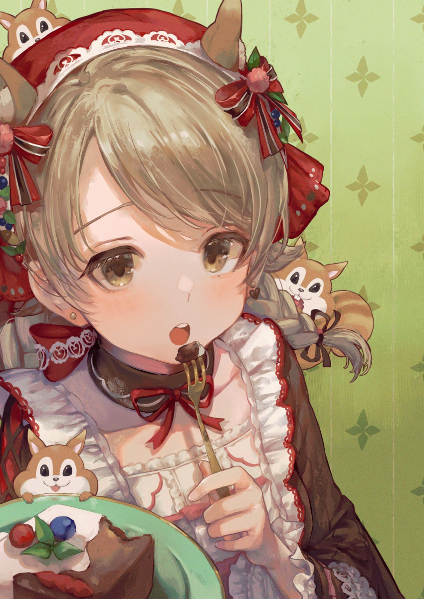 1girl animal_ears breasts brown_eyes brown_hair cake dress eating food fork hair_ornament highres idolmaster idolmaster_cinderella_girls kuroda_kuroko long_hair morikubo_nono open_mouth piercing red_dress small_breasts squirrel squirrel_ears tooth