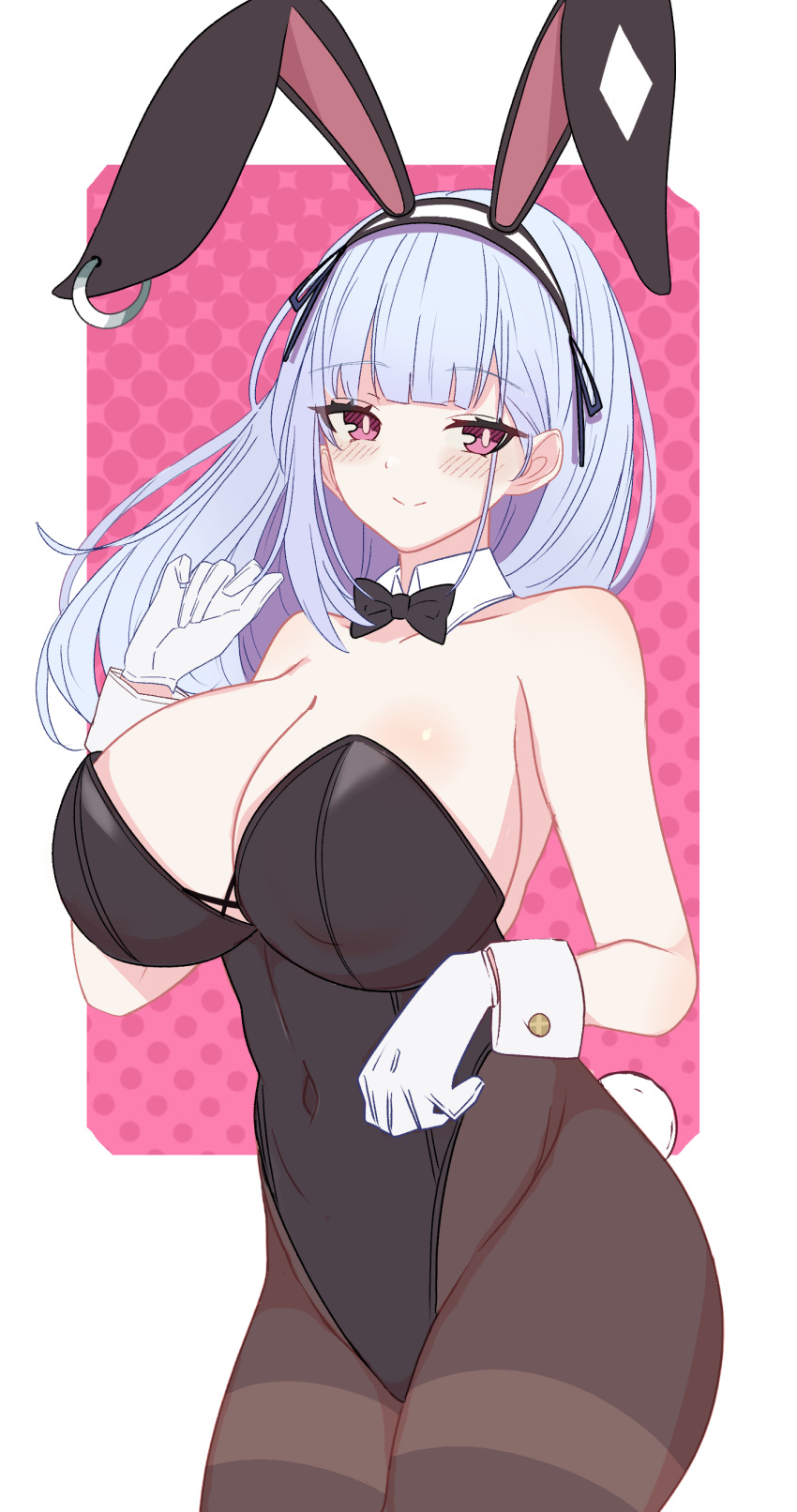 1girl absurdres alternate_costume animal_ears azur_lane bare_shoulders black_bow black_bowtie black_leotard black_pantyhose blue_hair blunt_bangs blush border bow bowtie breasts cleavage closed_mouth commentary covered_navel cowboy_shot detached_collar dido_(azur_lane) fake_animal_ears fake_tail gloves hand_up highleg highleg_leotard highres huge_breasts leotard light_blue_hair londom long_hair looking_at_viewer pantyhose pink_pupils playboy_bunny purple_eyes rabbit_ears rabbit_tail smile solo standing strapless strapless_leotard tail thighband_pantyhose white_border white_gloves wrist_cuffs