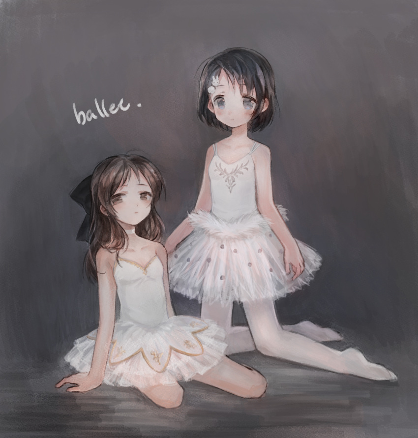 2girls alternate_costume arm_support ballet_dress bare_legs bare_shoulders black_hair blush bow breasts brown_hair choker collarbone dress hair_bow highres idolmaster idolmaster_cinderella_girls kneeling looking_at_viewer multiple_girls pantyhose sasaki_chie see-through see-through_skirt sitting skirt small_breasts tachibana_arisu white_choker white_dress white_pantyhose yokozuwari yubikiri032