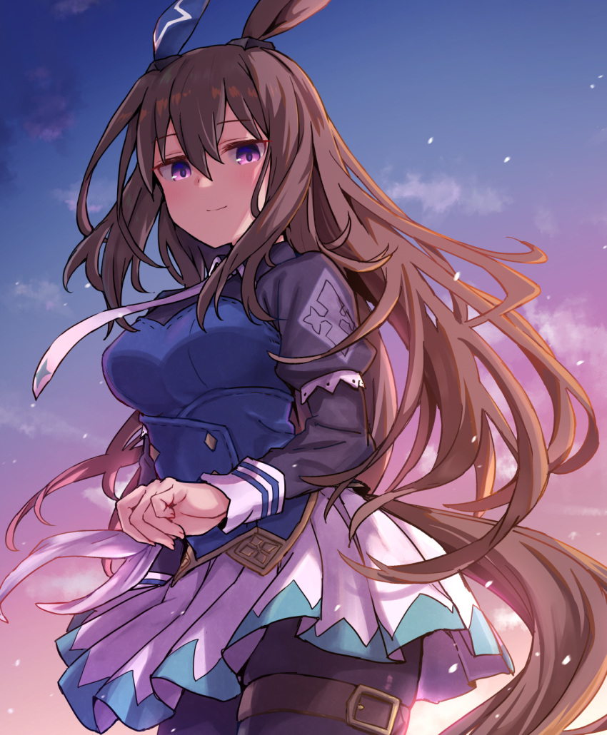 1girl admire_vega_(umamusume) alternate_hairstyle animal_ears blue_shirt breasts brown_hair cloud ear_covers hair_down highres horse_ears horse_girl light_smile long_hair looking_at_viewer medium_breasts necktie pantyhose purple_eyes shirt single_ear_cover skirt sky starheart sunset thigh_strap umamusume white_necktie