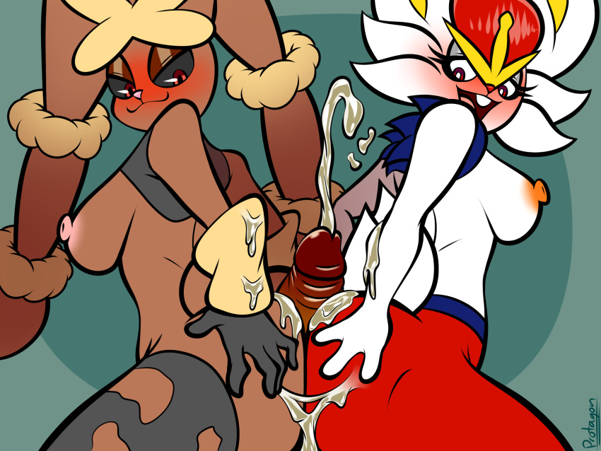 anthro ass_to_ass blush bodily_fluids breasts cinderace collaborative collaborative_hot_dogging collaborative_sex colored cum cumshot ejaculation female generation_8_pokemon genital_fluids genitals group group_sex hi_res holding_butt hot_dogging male male/female mega_evolution mega_lopunny nintendo nipples penis pokemon pokemon_(species) protagon sex threesome