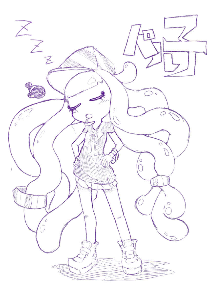 1girl absurdres afuron bangle baseball_cap blunt_bangs boots bracelet character_name closed_eyes commentary_request drooling fish flat_chest full_body hands_on_own_hips harmony's_clownfish_(splatoon) harmony_(splatoon) hat highres jewelry legs light_blush long_hair low-tied_long_hair miniskirt monochrome open_mouth pleated_skirt shirt short_sleeves sidelocks simple_background sketch skirt sleeping solo_focus splatoon_(series) splatoon_3 standing striped striped_headwear tentacle_hair tentacles thighs translated u_u very_long_hair white_background zzz
