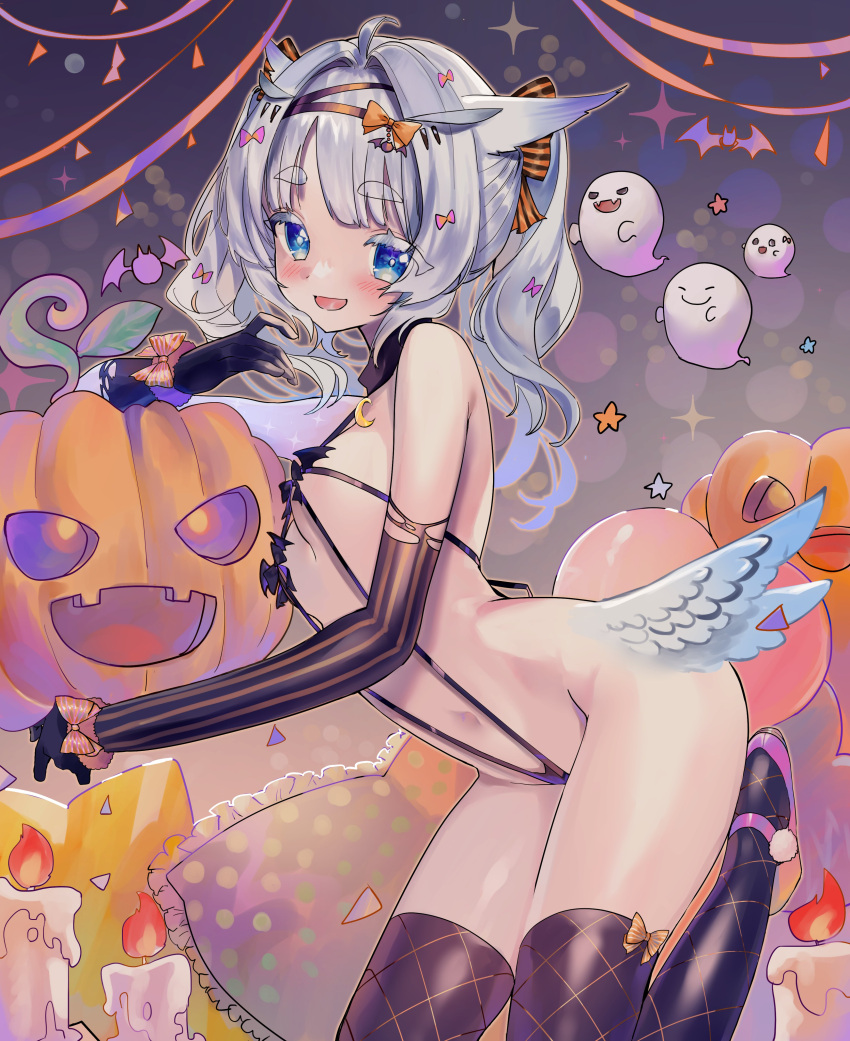 absurdres bare_shoulders bat_(animal) candle commission elbow_gloves feathered_wings ghost gloves hair_ornament halloween halloween_dare_succubus_lingerie highres indie_virtual_youtuber jack-o'-lantern lingerie looking_at_viewer mikazuki_silvi nekoneko_sansho open_mouth owl_ears owl_girl skeb_commission slingshot_swimsuit swimsuit thighhighs twintails underwear virtual_youtuber wings
