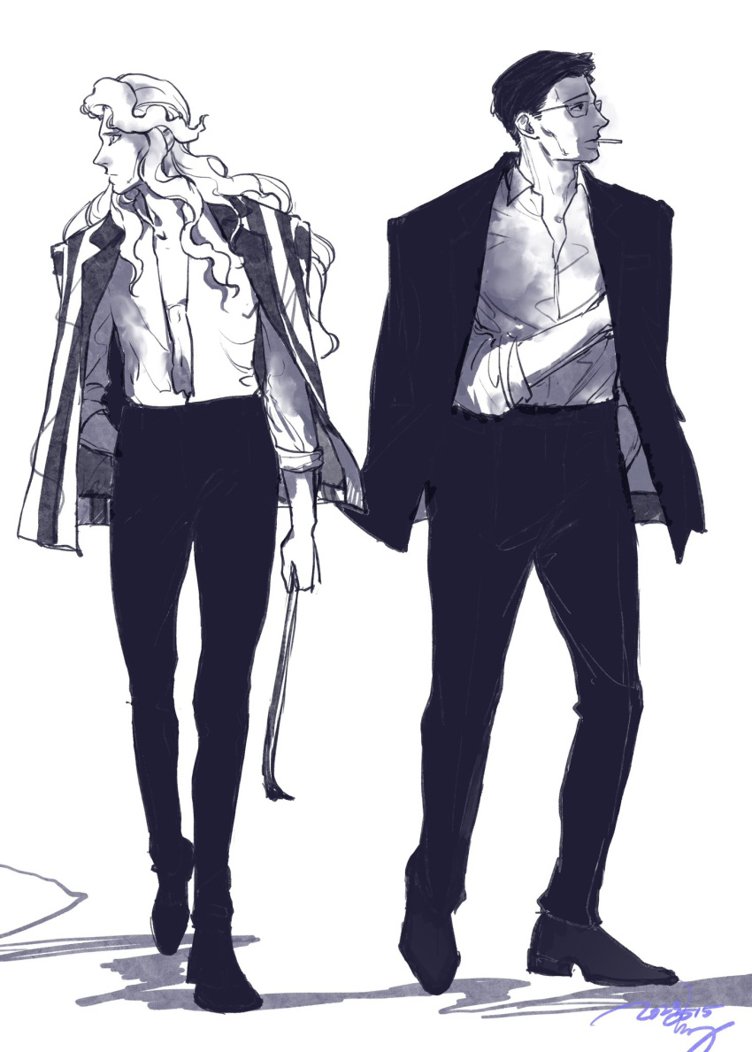 2boys almostghost black_hair black_pants black_suit blonde_hair cigarette coat coat_on_shoulders collarbone crowbar formal full_body hair_slicked_back highres hinrigh_biganduffno holding_crowbar hunter_x_hunter ken'i_wang long_hair looking_to_the_side mafia male_focus multiple_boys open_clothes pants profile shirt short_hair signature simple_background smoking striped_suit suit wavy_hair white_shirt