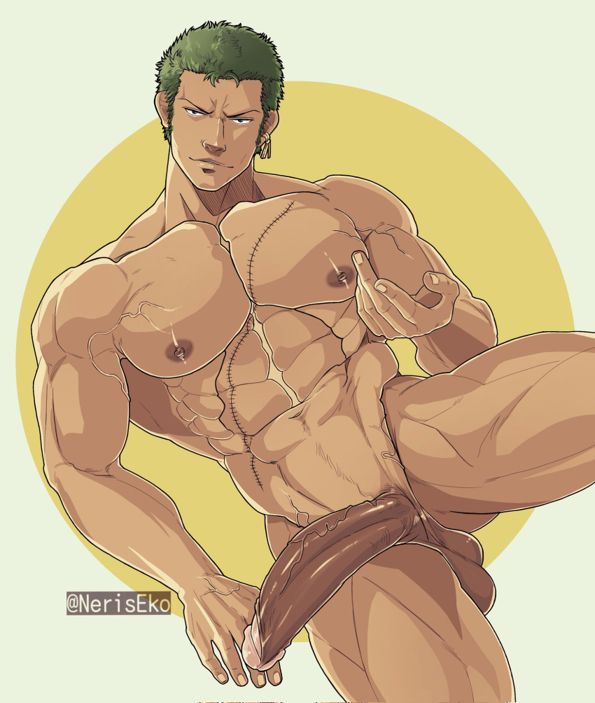 1boy abs alternate_pectoral_size bara come_hither feet_out_of_frame girthy_penis green_hair half-erect highres keo_senri_(neriseko) large_pectorals large_penis long_sideburns looking_at_viewer male_focus muscular muscular_male navel nipples one_piece pectorals penis roronoa_zoro seductive_smile short_hair sideburns smile solo stomach thick_thighs thighs