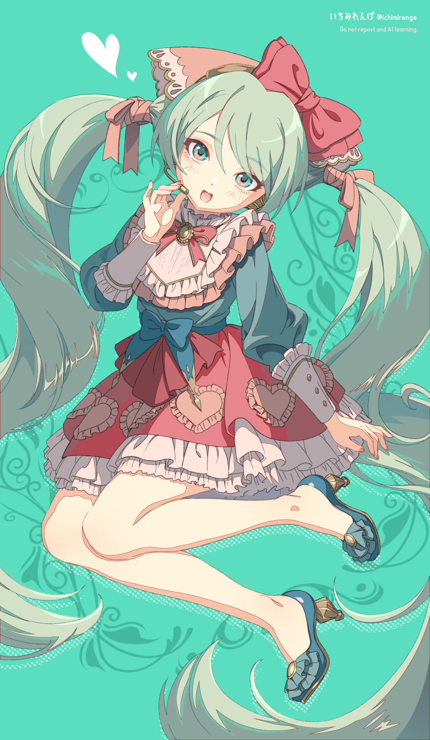 1girl absurdres anime_coloring aqua_background aqua_eyes aqua_hair bare_legs blue_footwear blush bow bowtie brooch commentary dress frilled_dress frills full_body hair_bow hair_ribbon hatsune_miku head_scarf headset heart high_heels highres ichimi_renge jewelry lolita_fashion long_hair long_sleeves looking_at_viewer multicolored_clothes multicolored_dress no_socks open_mouth ribbon smile solo sweet_lolita twintails upturned_eyes very_long_hair vocaloid