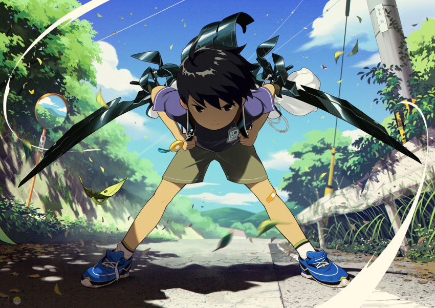 1boy bandaid bandaid_on_knee bandaid_on_leg black_hair blue_footwear blue_sky child cloud day full_body glaring grass jetpack landscape looking_at_viewer male_child male_focus mecha mechanical_wings mountain mountainous_horizon nature noeyebrow_(mauve) original outdoors power_suit purple_shirt robot scenery science_fiction shirt short_hair short_sleeves shorts sky solo spread_legs wide_shot wings