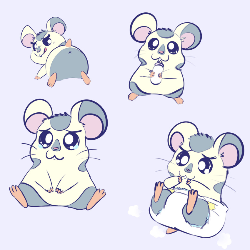 anthro baby_bottle bodily_fluids clean_diaper clothed clothing cricetid diaper diaper_only digital_media_(artwork) fang29 fur hair hamster hamtaro_(series) hi_res male mammal multiple_images oxnard_(hamtaro) rodent simple_background smile solo tail tears topless wearing_diaper