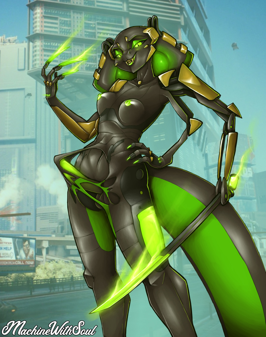 2021 3_arms anthro areola balls biped black_body breasts claws clothed clothing cobra cybernetic_arm cybernetic_limb cybernetics cyberpunk cyborg day erection erection_under_clothing fangs front_view genitals glans glowing glowing_claws green_body green_eyes green_nipples green_penis gynomorph hand_on_own_hip hi_res holding_object holding_sword holding_weapon humanoid_genitalia humanoid_penis intersex looking_at_viewer machine machinewithsoul melee_weapon mostly_nude multi_arm multi_limb multicolored_body nipples outside penis pescadera_navarro_(machinewithsoul) pupils reptile scalie slit_pupils small_breasts smile snake snake_hood solo standing sword teeth tenting tight_clothing two_tone_body weapon