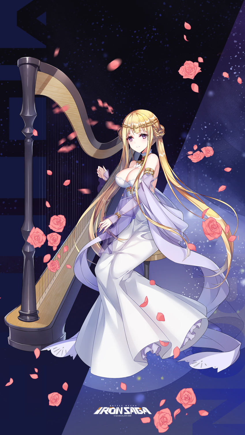 1girl armlet blonde_hair bracelet breasts cleavage copyright_name falling_petals gem harp head_chain highres instrument iron_saga jewelry large_breasts long_hair music official_art petals playing_instrument purple_eyes see-through see-through_sleeves sitting twintails