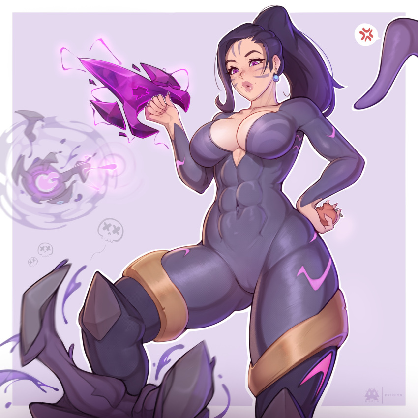 1girl :o absurdres alternate_hairstyle anger_vein black_hair bodysuit border breasts cameltoe cleavage collarbone covered_abs covered_navel earrings facial_mark food fruit grey_bodysuit hand_up highres holding holding_food holding_fruit jewelry kai'sa large_breasts league_of_legends magic mixplin monster pink_eyes ponytail skull solo_focus speech_bubble spoken_anger_vein thighhighs white_border