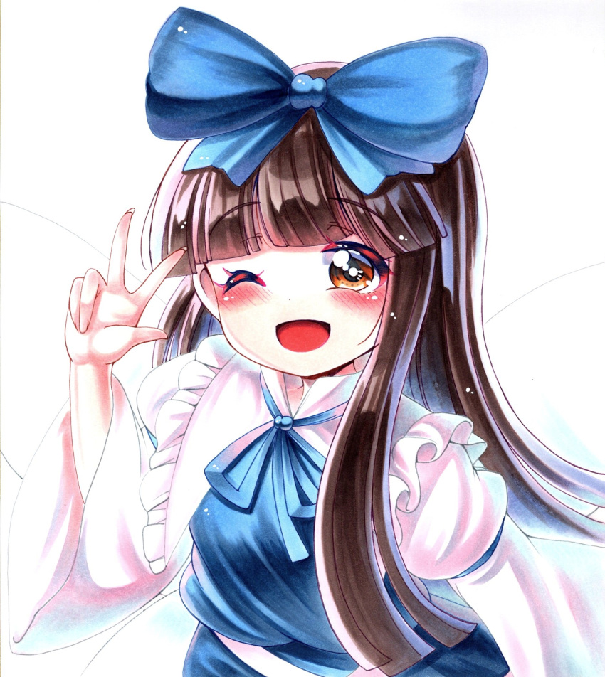 1girl ;d bloom blue_bow blue_dress blue_ribbon blunt_bangs blush bow breasts brown_eyes brown_hair commentary_request dress fairy_wings fingernails frilled_shirt_collar frills hair_bow hand_up happy highres juliet_sleeves long_hair long_sleeves looking_at_viewer nemonadi one_eye_closed open_mouth puffy_sleeves ribbon simple_background small_breasts smile solo star_sapphire touhou traditional_media upper_body very_long_hair w white_background wide_sleeves wings