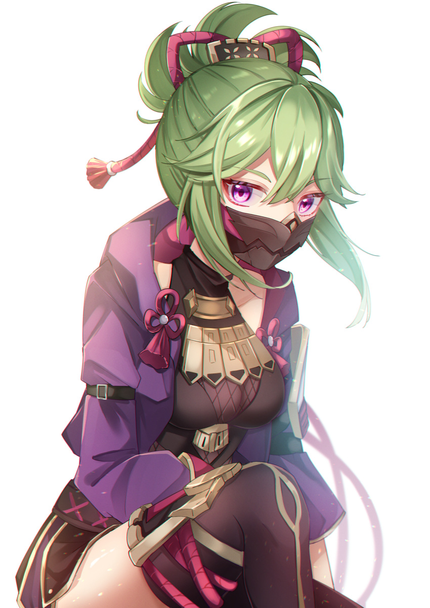 1girl absurdres black_thighhighs collarbone commentary_request fishnet_fabric genshin_impact green_hair hair_between_eyes head_tilt highres knee_up kuki_shinobu long_sleeves looking_at_viewer medium_hair mochimori_kusunoki ninja ponytail purple_eyes short_hair sitting solo thighhighs white_background