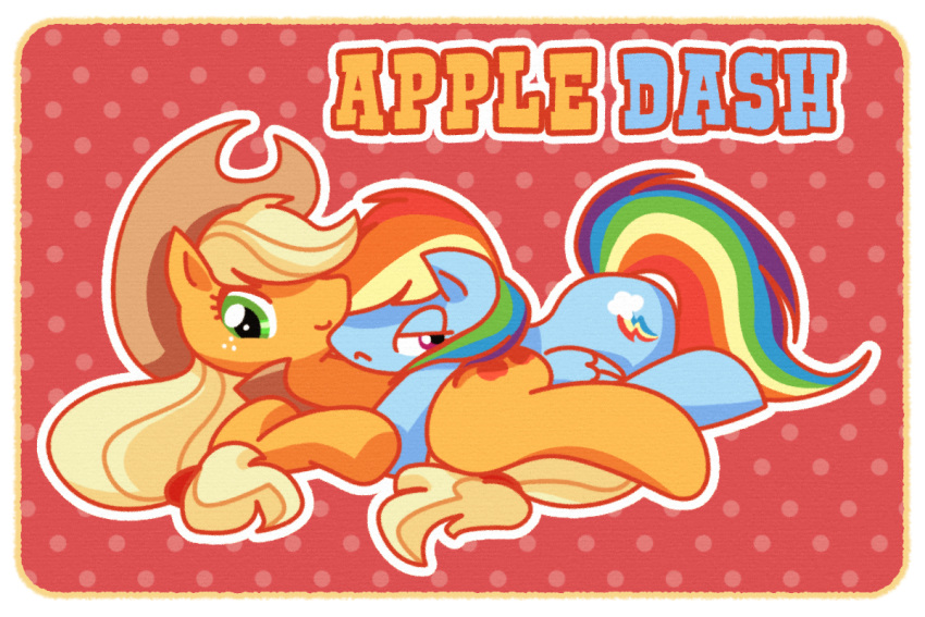 2013 3:2 applejack_(mlp) blue_body chinpui cuddling cutie_mark digital_drawing_(artwork) digital_media_(artwork) duo equid equine female feral friendship_is_magic green_eyes hasbro horse looking_at_viewer lying lying_on_another lying_on_partner mammal mane multicolored_mane my_little_pony narrowed_eyes on_front on_side orange_body pegasus pony rainbow_dash_(mlp) rainbow_mane smile wings