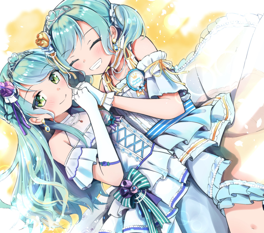 2girls aqua_hair bang_dream! birthday closed_eyes cross-laced_clothes dress flower frilled_dress frills green_eyes grin hagakuri hair_flower hair_ornament happy_birthday headdress highres hikawa_hina hikawa_sayo holding_hands interlocked_fingers light_blue_dress light_rays long_hair looking_at_viewer medium_hair multiple_girls short_twintails siblings sisters smile tiara twintails