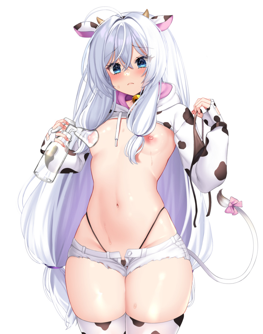 1girl ahoge animal_ears animal_print bell bikini bikini_top_removed black_bikini black_hairband blue_eyes blush bow breast_pump breasts closed_mouth cow_ears cow_horns cow_print cow_tail drawstring fake_animal_ears fake_tail fingerless_gloves gloves hairband highres holding horns jingle_bell long_hair long_sleeves low_twintails maze_yuri micro_bikini milking_machine navel neck_bell open_fly pink_bow short_shorts shorts shrug_(clothing) simple_background skindentation small_breasts soulworker stella_unibell stomach sweat swimsuit tail tail_bow tail_ornament thigh_gap thighhighs topless twintails very_long_hair white_background white_gloves white_hair white_shorts white_thighhighs