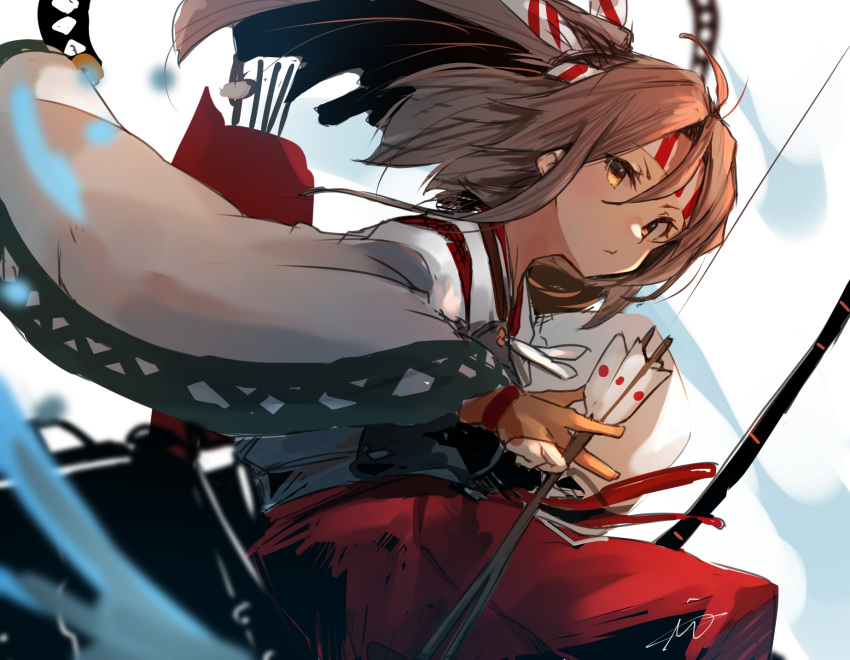 1girl arrow_(projectile) blurry bow_(weapon) brown_eyes brown_hair depth_of_field hachimaki hakama hakama_shorts headband high_ponytail highres japanese_clothes kantai_collection long_hair looking_at_viewer muneate quiver red_shorts shorts solo striped_headband sunday_aki weapon wide_sleeves zuihou_(kancolle)