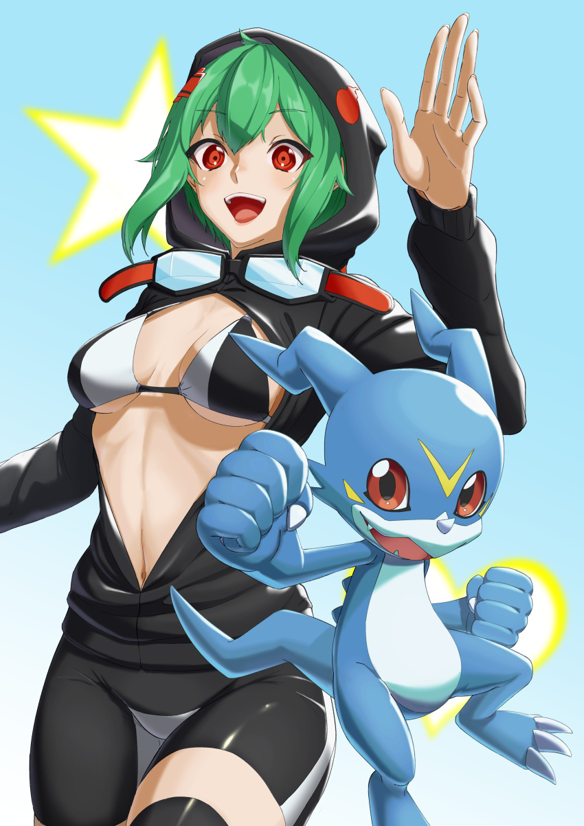 1boy 1other absurdres black_bra bra breasts clenched_hands digimon digimon_(creature) digimon_world_re:digitize goggles goggles_around_neck green_hair highres hood hoodie jacket looking_at_viewer medium_hair navel open_clothes open_jacket open_mouth red_eyes romlow sharp_teeth shinomiya_rina small_breasts smile teeth two-tone_bra underwear v-mon waving white_bra wide_hips