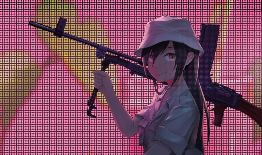 1girl black_hair breasts bren_(girls'_frontline) bren_lmg dark_skin english_commentary gewehrbroker girls'_frontline gun hat highres holding holding_weapon light_machine_gun long_hair medium_breasts orange_eyes over_shoulder shirt smile upper_body weapon weapon_over_shoulder