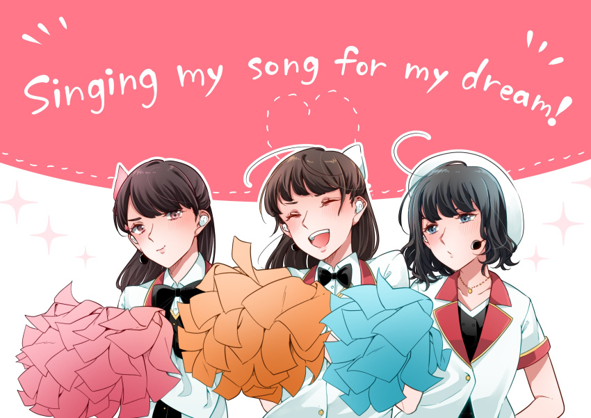 3girls absurdres ahoge aida_rikako black_bow black_bowtie black_hair blazer blue_eyes blush bow bowtie brown_eyes closed_eyes collarbone collared_shirt commentary dress_shirt earpiece half_updo highres holding holding_pom_poms idol idol_clothes inami_anju jacket jewelry kashikaze long_hair long_sleeves looking_at_viewer love_live! love_live!_sunshine!! multiple_girls necklace open_mouth outline pink_background pom_pom_(cheerleading) real_life saitou_shuka sakurauchi_riko shirt short_hair short_sleeves takami_chika teeth two-tone_background upper_body upper_teeth_only voice_actor voice_actor_connection watanabe_you white_background white_jacket white_outline white_shirt