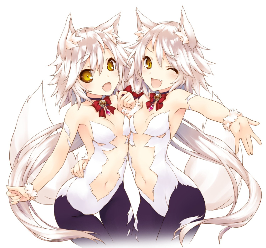 2girls age_of_ishtaria animal_ear_fluff animal_ears backless_leotard bell black_choker bow center_opening character_request choker fang hair_between_eyes hand_on_another's_waist highres jingle_bell long_hair looking_at_viewer multiple_girls navel neck_bell one_eye_closed open_hand open_mouth outstretched_arm pantyhose purple_pantyhose red_bow saeki_touma side_ponytail simple_background slit_pupils smile tail v-shaped_eyebrows very_long_hair white_background white_hair wolf_ears wolf_girl wolf_tail wristband yellow_eyes