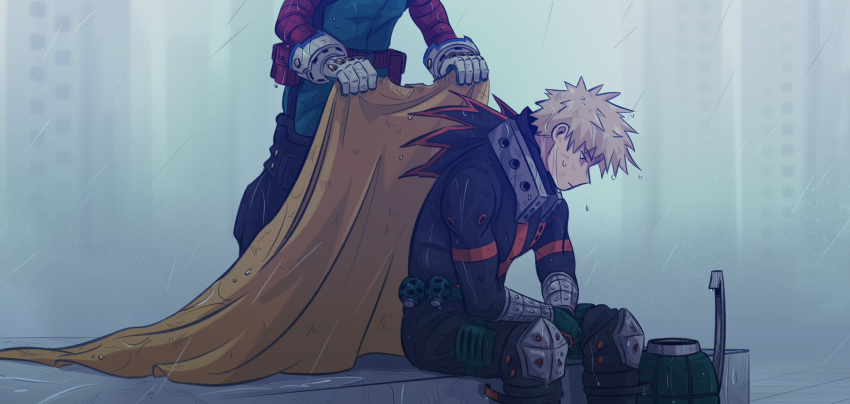 2boys black_bodysuit blonde_hair bodysuit boku_no_hero_academia cape cape_removed closed_mouth commentary daniartonline english_commentary gloves highres holding holding_cape holding_clothes knee_pads looking_down male_focus midoriya_izuku multiple_boys rain short_hair sitting spiked_hair standing wet wet_hair white_gloves yellow_cape