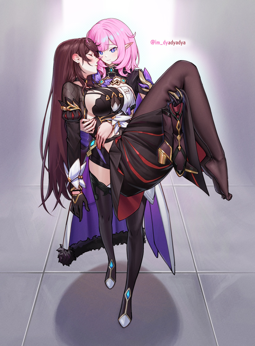 absurdres arm_at_side artist_name black_gloves black_pantyhose black_shirt black_shorts black_skirt black_thighhighs blue_eyes blush breasts carrying dyadyadya ear_blush eden_(honkai_impact) elf elysia_(honkai_impact) elysia_(miss_pink_elf)_(honkai_impact) feet gloves hair_between_eyes highres honkai_(series) honkai_impact_3rd huge_breasts legs long_bangs long_hair medium_hair no_shoes pantyhose pink_hair pointy_ears princess_carry red_hair shadow shirt shorts shrug_(clothing) sideboob sidelocks skirt thighhighs tile_floor tiles toes yuri