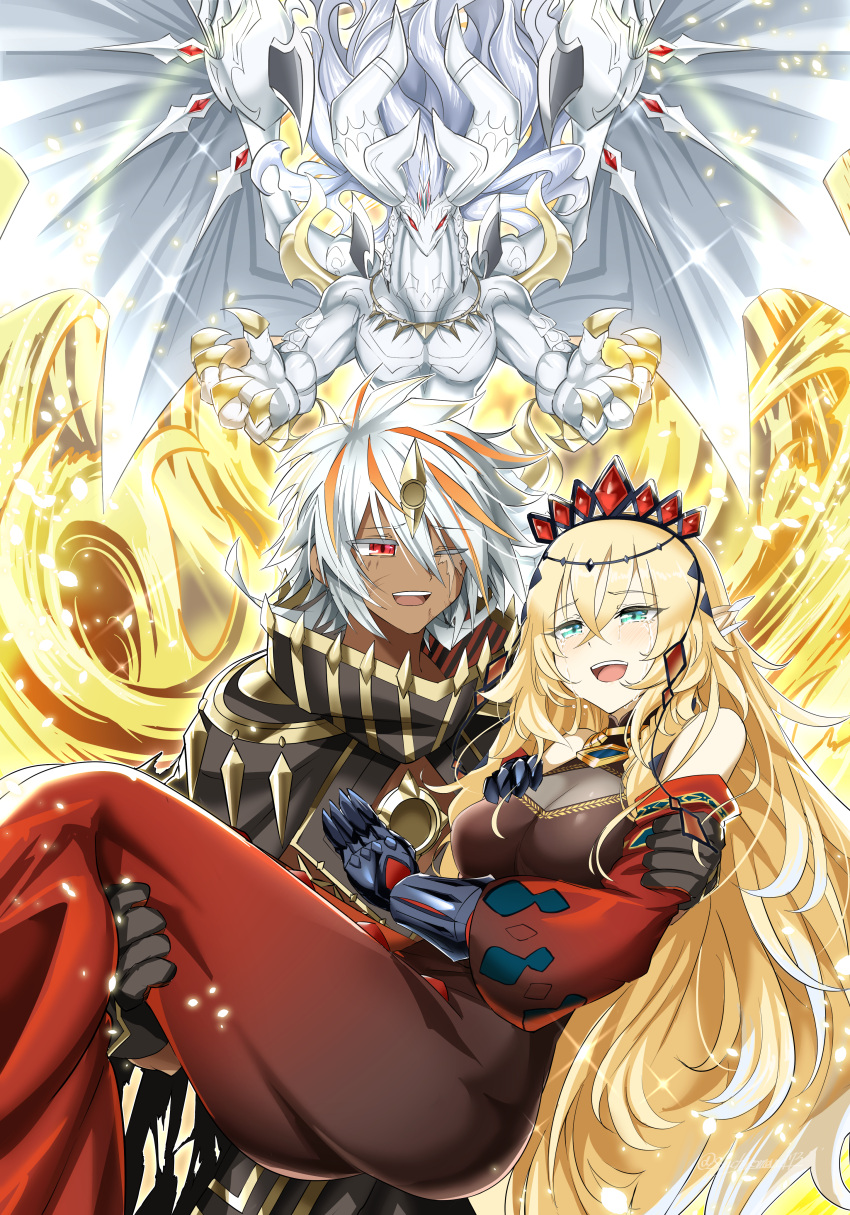 absurdres albion_the_sanctifire_dragon blonde_hair blue_eyes carrying claws dark_skin dragon dress duel_monster ecclesia_(yu-gi-oh!) fallen_of_albaz gauntlets happy_tears highres horns incredible_ecclesia_the_virtuous jewelry long_hair necklace one_eye_closed pointy_ears princess_carry red_dress red_eyes scar synchroman tears tiara very_long_hair white_hair white_wings wings yu-gi-oh!