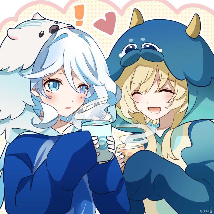 ! 2girls animal_costume blonde_hair blubberbeast_(genshin_impact) blue_eyes blue_hair cup furina_(genshin_impact) genshin_impact glass heterochromia highres holding holding_cup hood hood_up leisurely_otter_(genshin_impact) long_hair lumine_(genshin_impact) multicolored_hair multiple_girls open_mouth suika_r_07 white_hair