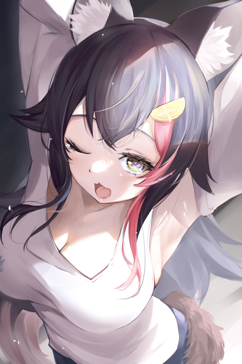 1girl ;o animal_ears armpits asymmetrical_clothes asymmetrical_shirt black_hair black_shorts breasts cleavage commentary detached_sleeves flipped_hair from_above hair_ornament hairclip highres hololive large_breasts long_hair long_sleeves looking_at_viewer morning multicolored_hair official_alternate_costume one_eye_closed ookami_mio ookami_mio_(3rd_costume) open_mouth red_hair samu_(sam_deg369) shirt shorts single-shoulder_shirt single_detached_sleeve solo spiked_hair streaked_hair stretching sunlight tail very_long_hair virtual_youtuber waking_up white_shirt wolf_ears wolf_girl wolf_tail yawning yellow_eyes