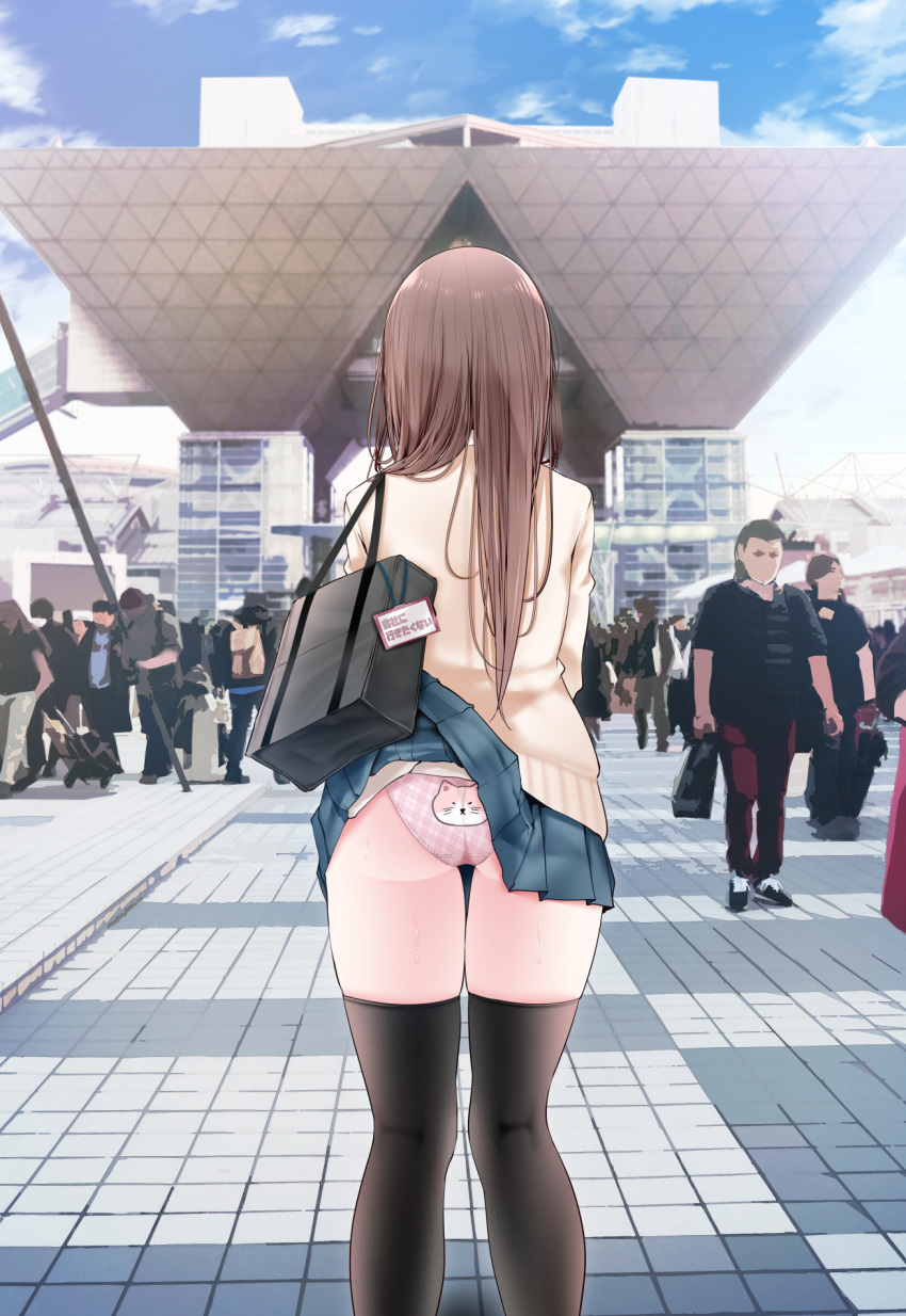 1girl ass bag black_thighhighs blue_sky breasts brown_hair clothes_lift cloud day feet_out_of_frame from_behind highres jk-chan_(oouso) kneepits knees_together_feet_apart long_hair looking_at_viewer medium_breasts miniskirt multiple_others neckerchief ol-chan_(oouso) oouso original outdoors panties pink_panties plaid plaid_panties pleated_skirt school_uniform shoulder_bag sidelocks skindentation skirt skirt_lift sky solo_focus standing sweat sweatdrop thighhighs thighs tile_floor tiles tokyo_big_sight underwear