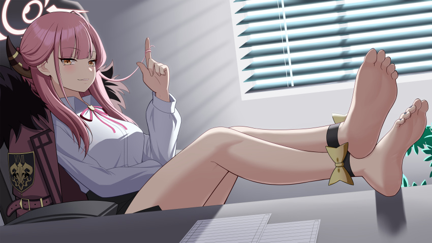 1girl absurdres ankle_bow aru_(blue_archive) bare_legs barefoot black_skirt blue_archive blunt_bangs blush bow breasts brown_eyes chair chinese_commentary collared_shirt commentary_request dutch_angle eyelashes feet feet_on_table foot_focus halo hand_up highres horns indoors jacket jacket_on_shoulders legs lemon_kele long_hair long_sleeves looking_at_viewer medium_breasts miniskirt mixed-language_commentary nail_polish neck_ribbon office_chair on_chair paper parted_lips pink_hair pink_halo pink_ribbon pointing pointing_up ribbon shirt sidelocks sitting skirt soles solo swivel_chair toenail_polish toenails toes white_shirt window window_blinds