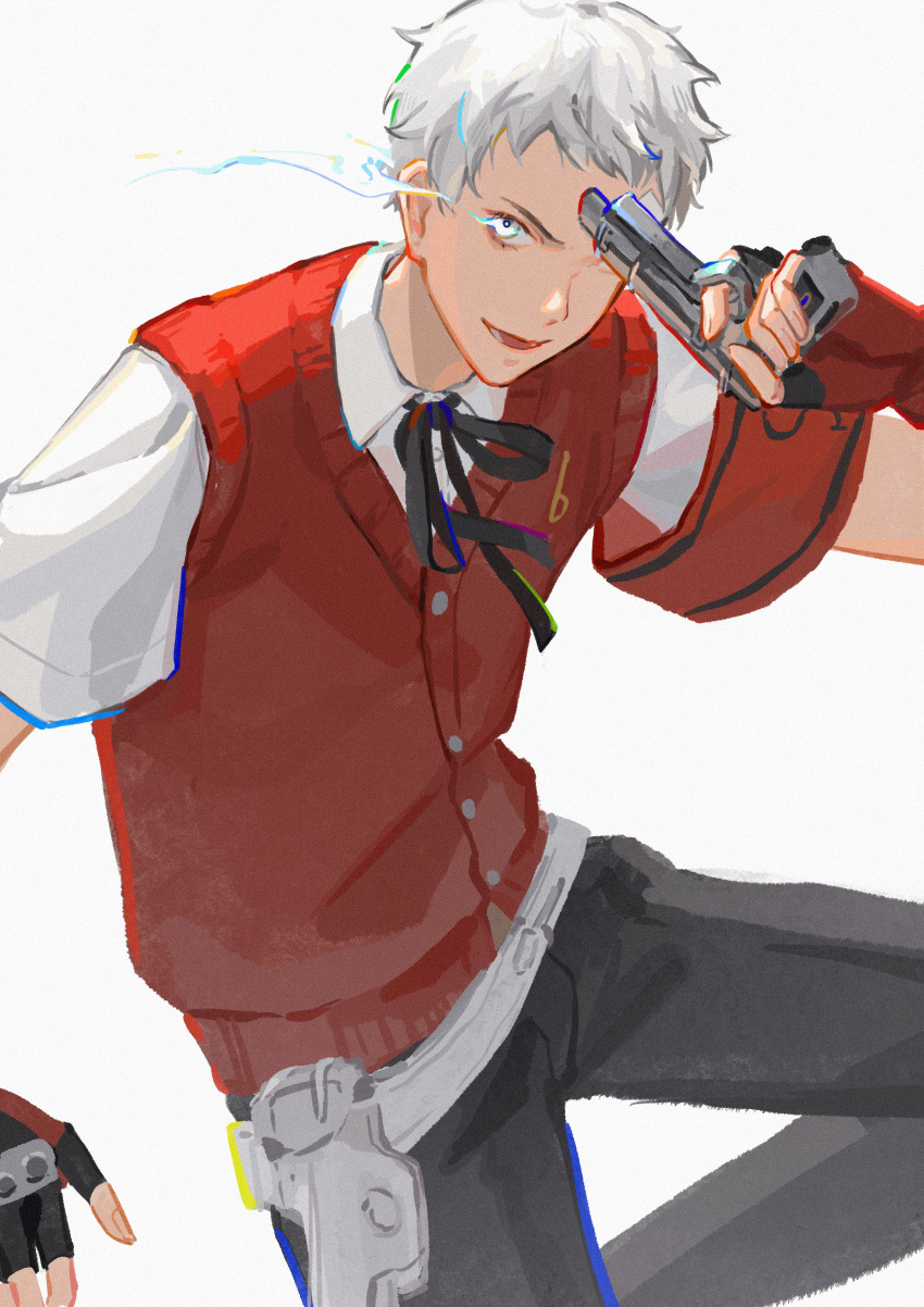 1boy absurdres armband belt black_pants buttons collared_shirt cropped_arms cropped_legs fingerless_gloves gloves glowing glowing_eye gun highres holding holding_weapon holster kobayashiyouyouko looking_at_viewer male_focus one_eye_covered pants persona persona_3 sanada_akihiko shirt short_hair short_sleeves smile solo sweater_vest weapon white_hair