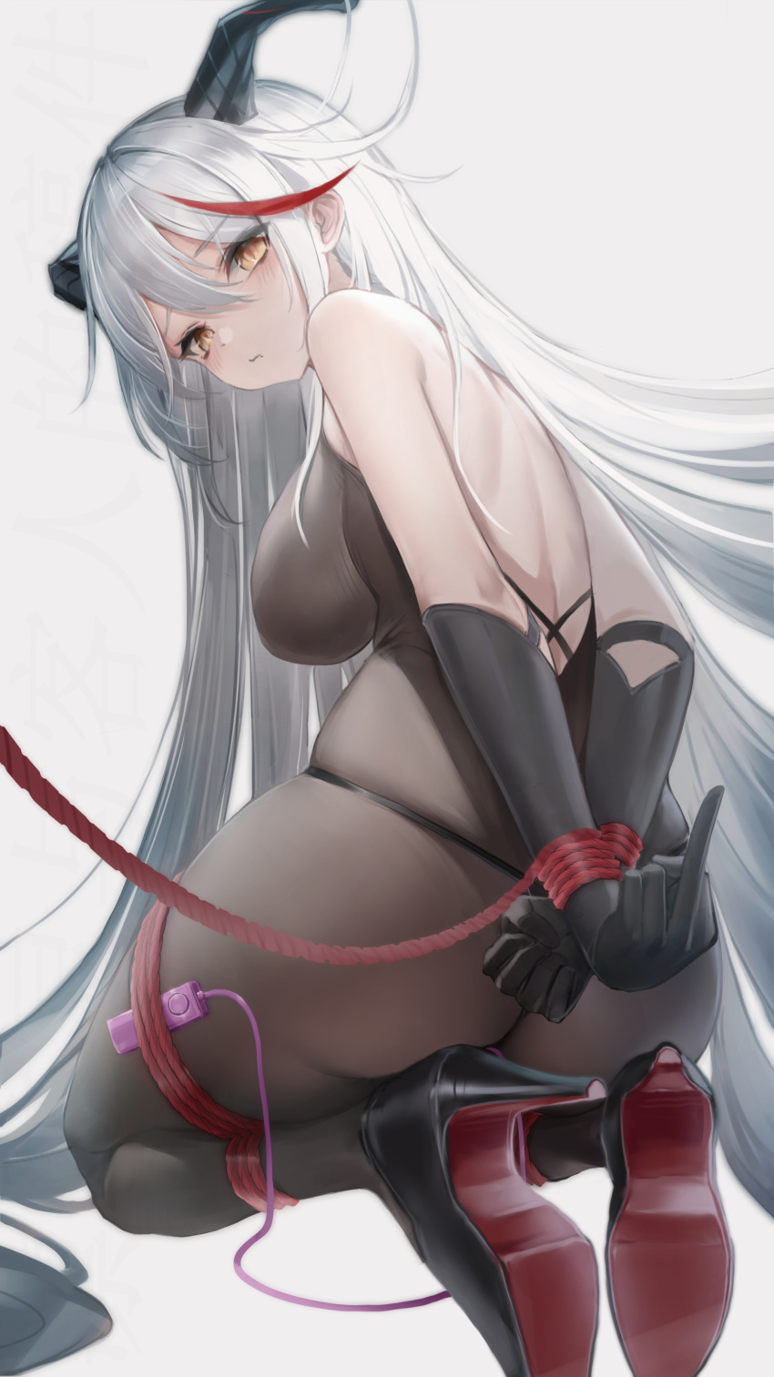 1girl absurdres aegir_(azur_lane) azur_lane backless_outfit bodystocking bound bound_arms bound_legs demon_horns from_behind hair_on_horn high_heels highres horns kneeling lin_jingling long_hair looking_at_viewer looking_back middle_finger multicolored_hair red_hair remote_control_vibrator restrained rope sex_toy streaked_hair vibrator white_hair yellow_eyes