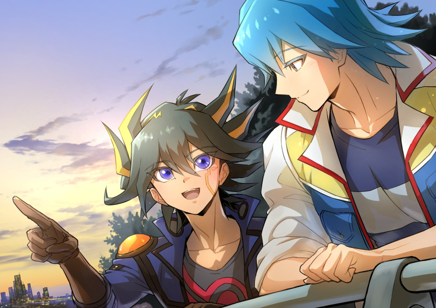 2boys against_railing black_hair black_shirt blue_eyes blue_hair blue_jacket blue_shirt brown_gloves bruno_(yu-gi-oh!) city city_lights cloud cloudy_sky facial_mark facial_tattoo fudou_yuusei gloves grey_eyes hand_on_railing hand_up happy high_collar highres jacket leaf leaning leaning_forward long_sleeves looking_at_another looking_to_the_side male_focus marking_on_cheek multicolored_hair multiple_boys open_clothes open_jacket open_mouth outdoors pink_sky pointing pointing_to_the_side pointing_up railing shirt short_hair shoulder_pads sky skyline sleeves_rolled_up smile spiked_hair streaked_hair sunrise sunset t-shirt tattoo tree v-neck white_jacket wind yellow_sky youko-shima yu-gi-oh! yu-gi-oh!_5d's