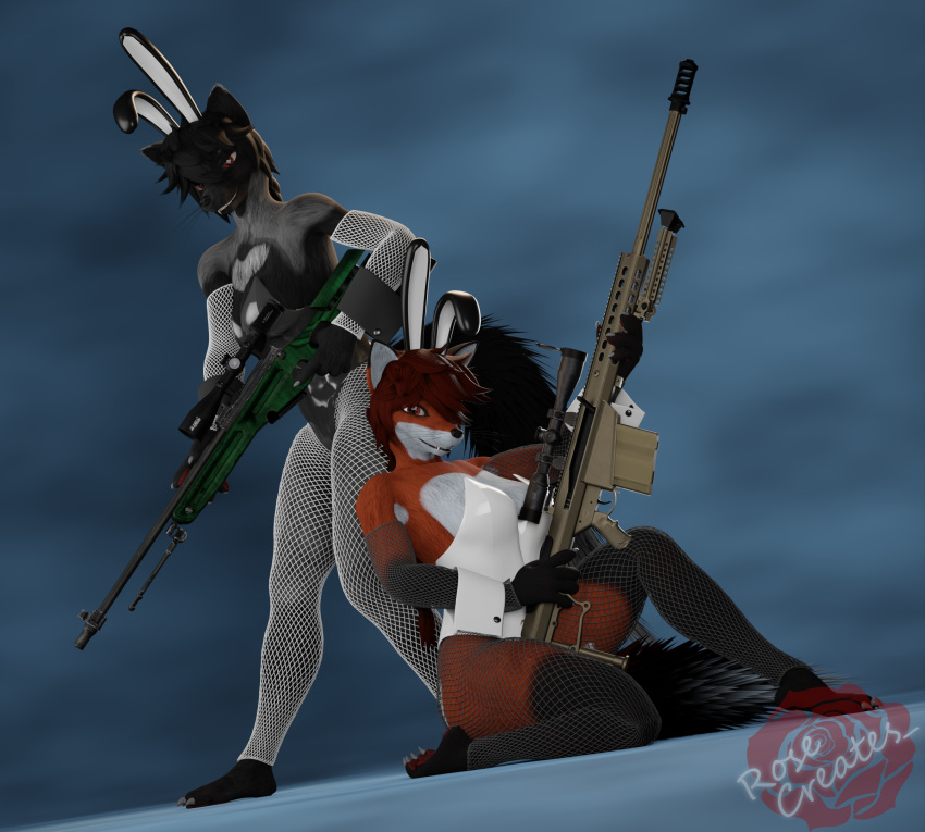 3d_(artwork) 5:4 anthro blender_(software) breasts bunny_costume canid canine canis clothed clothing costume digital_media_(artwork) duo fake_ears fake_rabbit_ears female fishnet fishnet_legwear fox gun hair hi_res holding_gun holding_object holding_weapon lavender(rosecreates) legwear lily(rosecreates) mammal ranged_weapon red_fox rosecreates simple_background smile standing topwear trigger_discipline weapon