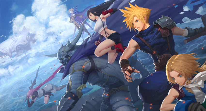 2girls 4boys armor ascot bare_shoulders black_gloves black_hair black_skirt black_socks blonde_hair blue_eyes blue_shirt blue_sky boots breasts brown_gloves buster_sword cape clenched_hands closed_mouth cloud cloud_strife cloudy_sky commentary crop_top diaodiao dissidia_final_fantasy earrings elbow_gloves emperor_(ff2) fake_horns fighting_stance final_fantasy final_fantasy_i final_fantasy_ii final_fantasy_ix final_fantasy_vii final_fantasy_xiii fingerless_gloves floating floating_hair garland_(ff1) gloves helmet holding holding_sword holding_weapon horned_helmet horns jewelry jumping large_breasts lightning_farron long_hair looking_to_the_side low_ponytail midriff miniskirt multiple_boys multiple_girls navel ocean parted_bangs parted_lips pink_hair purple_cape red_eyes red_footwear red_gloves shirt short_hair short_hair_with_long_locks shoulder_armor single_bare_shoulder single_earring skirt sky sleeveless sleeveless_turtleneck socks spiked_hair suspender_skirt suspenders sweater swept_bangs sword tank_top tifa_lockhart turtleneck turtleneck_sweater water weapon white_ascot white_tank_top zidane_tribal