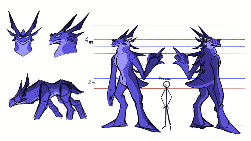 absurd_res ambiguous_gender antennae_(anatomy) anthro big_fingers big_hands blue_eyes concept_art feral gesture hi_res horn humanoid_pointy_ears kilth_(novaconis) middle_finger model_sheet novaconis purple_body size_difference stick_figure