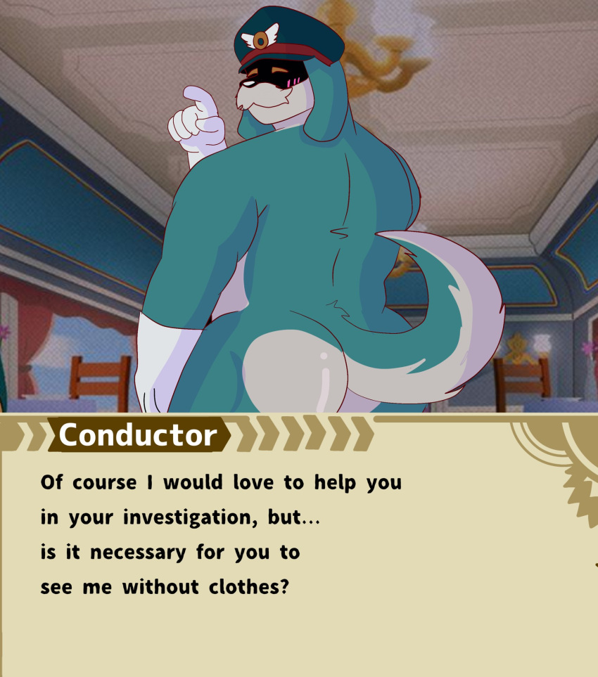 anthro blue_body blue_fur blush butt canid canine canis clothing conductor_(sonic) domestic_dog english_text facial_hair fake_screenshot floppy_ears fur hat headgear headwear hi_res looking_back male mammal mature_male mustache nude rear_view sega shadowed_face slightly_chubby solo sonic_the_hedgehog_(series) tequila_ari text the_murder_of_sonic_the_hedgehog