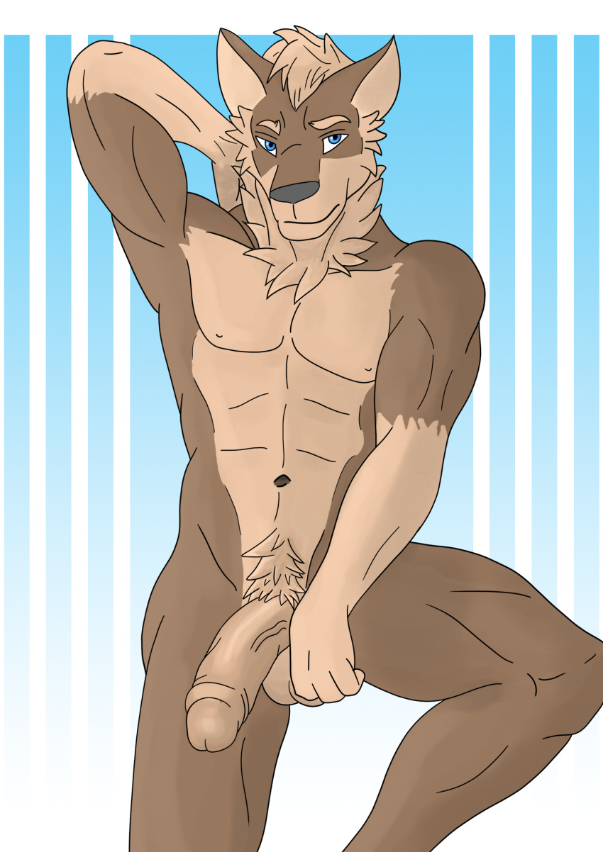 abs anthro balls brown_body brown_fur canid canine canis flaccid fur genitals glans hair half-erect hi_res humanoid_genitalia looking_at_viewer male mammal muscular muscular_anthro muscular_male penis pubes simple_background solo vein veiny_penis wolf xzenonart