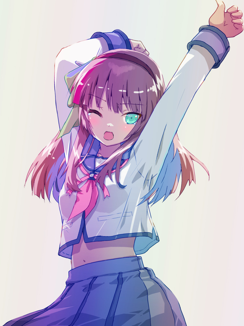 1girl akayama_yukihe angel_beats! arms_up black_hairband blue_sailor_collar blue_skirt blunt_bangs blunt_ends blush bow commentary cowboy_shot green_bow green_eyes hair_bow hairband highres long_sleeves looking_at_viewer medium_hair miniskirt nakamura_yuri neckerchief one_eye_closed open_mouth pink_neckerchief pleated_skirt purple_hair sailor_collar shinda_sekai_sensen_uniform shirt sidelighting sidelocks simple_background skirt sleepy solo standing straight_hair stretching tears white_background white_shirt yawning