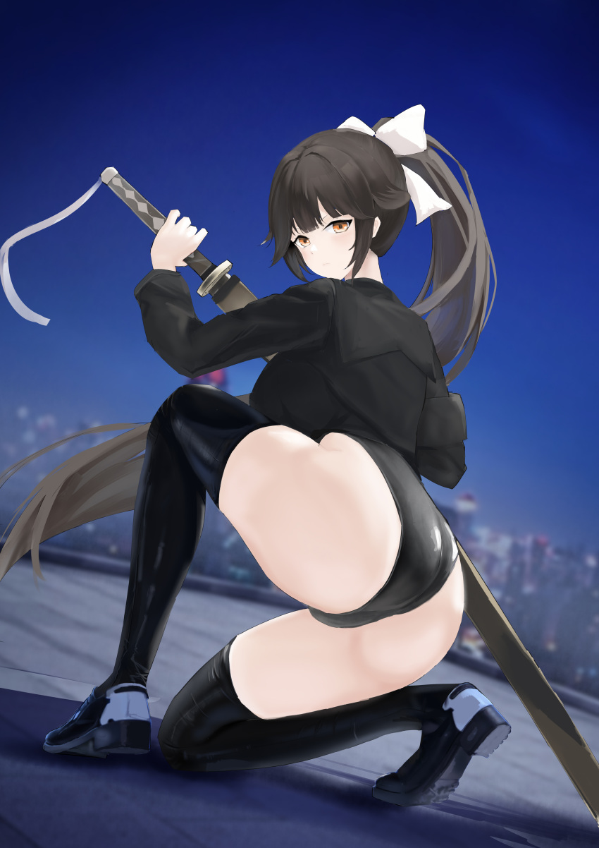 1girl absurdres ass azur_lane black_footwear black_leotard black_shirt black_thighhighs breasts brown_eyes brown_hair cityscape fighting_stance from_behind full_body hair_ribbon highres holding holding_sheath holding_sword holding_weapon katana kneeling large_breasts leotard loafers long_hair looking_at_viewer looking_back ready_to_draw ribbon scabbard school_uniform sheath shirt shoes solo suo_bu_ye_feng sword takao_(azur_lane) thighhighs thighs weapon white_ribbon