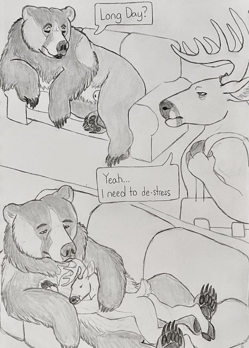 animal_genitalia anthro anthro_on_feral bear bestiality brown_bear cervine comic cuddling deer duo embrace feral furniture genitals grizzly_bear hair hgythshs hi_res hug kuruk_(character) male male/male mammal mane mane_hair pawpads paws roommate sheath size_difference sofa ursine