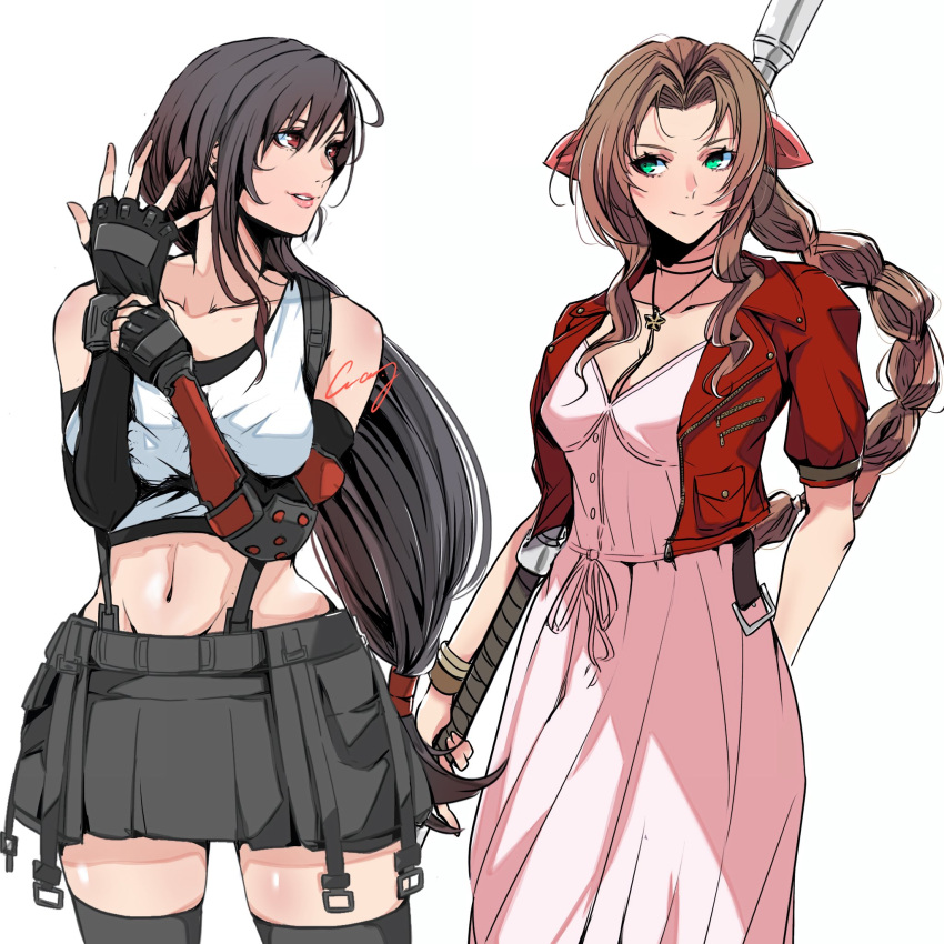 2girls adjusting_clothes adjusting_gloves aerith_gainsborough arm_behind_back arm_guards bangle bare_shoulders black_gloves black_hair black_skirt black_sports_bra black_thighhighs bracelet braid braided_ponytail breasts brown_hair choker cleavage closed_mouth collarbone commentary_request cowboy_shot crazy02oekaki crop_top dress earrings elbow_gloves elbow_pads final_fantasy final_fantasy_vii final_fantasy_vii_remake fingerless_gloves glint gloves green_eyes hair_between_eyes hair_ribbon hands_up highres holding holding_staff jacket jewelry lips long_hair looking_at_another looking_to_the_side low-tied_long_hair medium_breasts midriff miniskirt multiple_girls navel open_hand parted_bangs parted_lips pink_dress pink_lips pink_ribbon red_eyes red_jacket ribbon short_sleeves sidelocks signature single_earring single_elbow_pad single_sidelock skirt small_breasts smile sports_bra staff suspender_skirt suspenders tank_top thighhighs tifa_lockhart white_background white_tank_top zettai_ryouiki